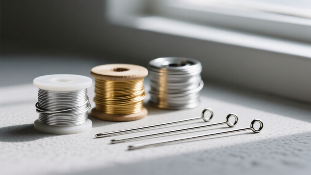Spools of sterling silver, brass, and stainless steel wire next to finished headpins with perfect loops on a mat.