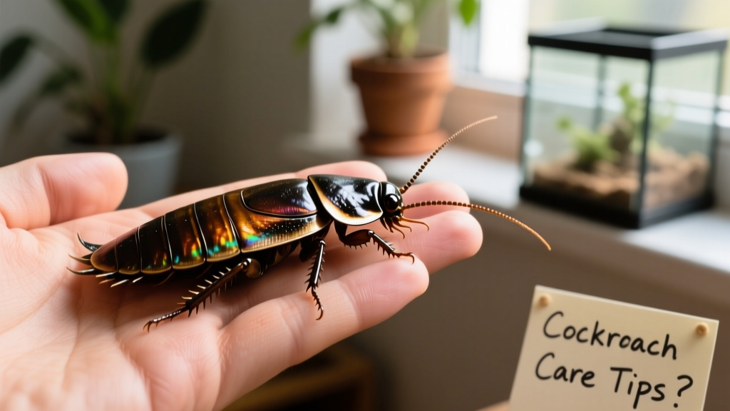 A close-up of a Madagascar hissing cockroach resting on a hand, showing its glossy exoskeleton and antennae