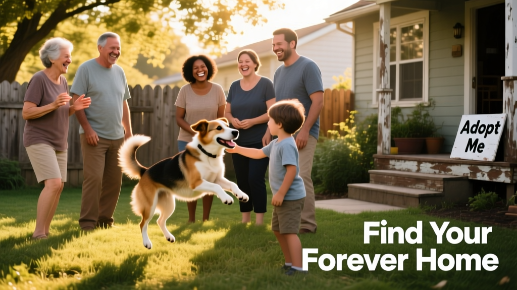 A friendly, diverse group of people smiling while interacting with a relaxed, tail-wagging dog—representing safe, joyful rehoming