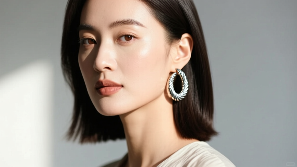 Profile of a woman wearing 35mm silver hammered hoop earrings, showing how the textured metal catches light against her jawline