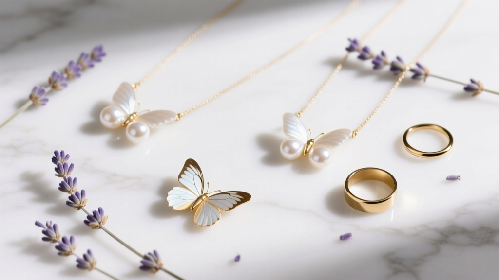 Flat lay of three pearl butterfly necklaces on white marble, scattered with dried lavender sprigs and minimalist gold rings.