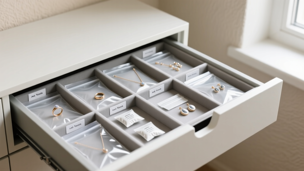 A neatly organized jewelry drawer showing individual polyethylene bags, anti-tarnish strips, and silica gel packets for storage.
