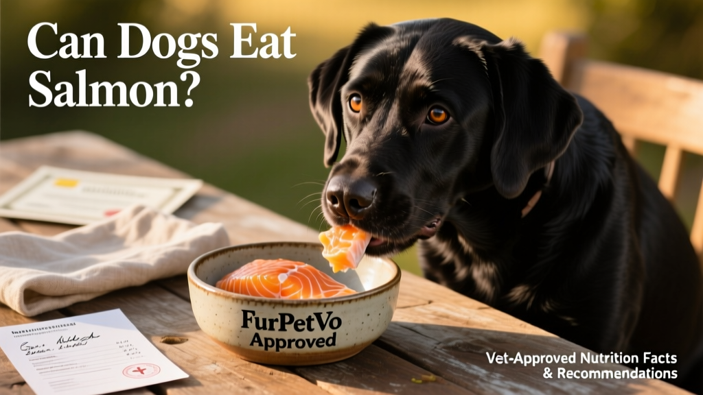 A happy, healthy Labrador enjoying a small portion of cooked salmon from a ceramic bowl labeled 'FurPetVo Approved'