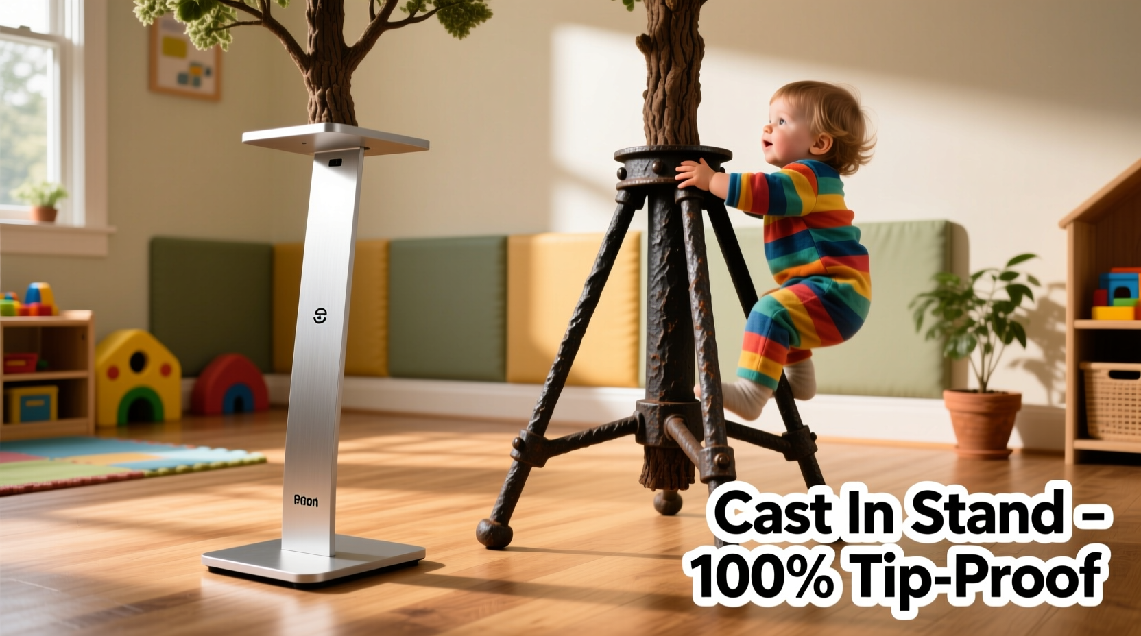 lightweight aluminum tree stand vs cast iron stand which prevents tipping when your toddler tries to climb the tree