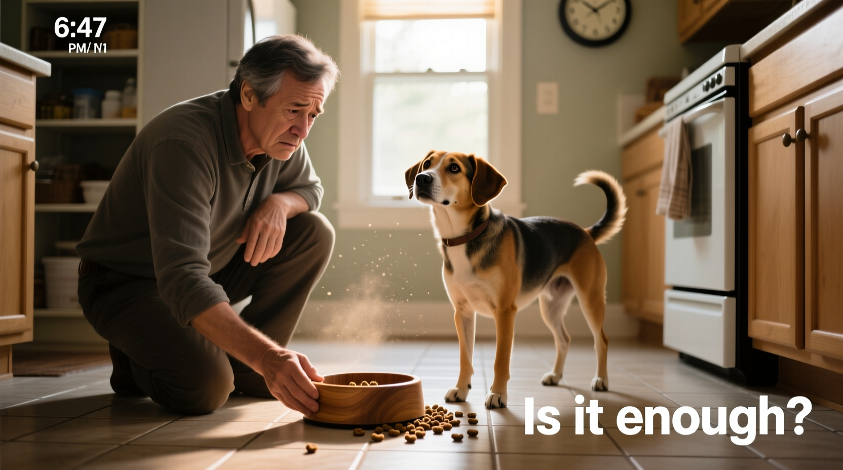 Concerned owner checking dog's food bowl