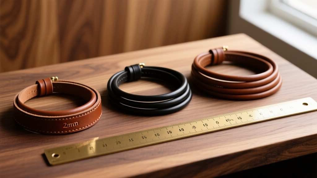 Flat lay of three mens leather necklaces in 2mm, 4mm, and 6mm thicknesses, coiled next to a brass ruler on oak wood.