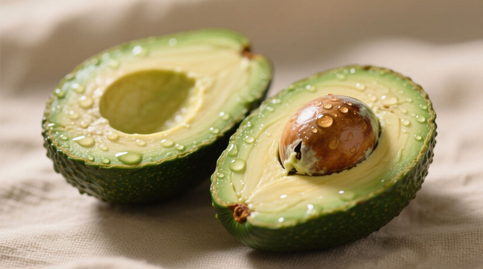 Ripe Hass avocado halves showing creamy green flesh