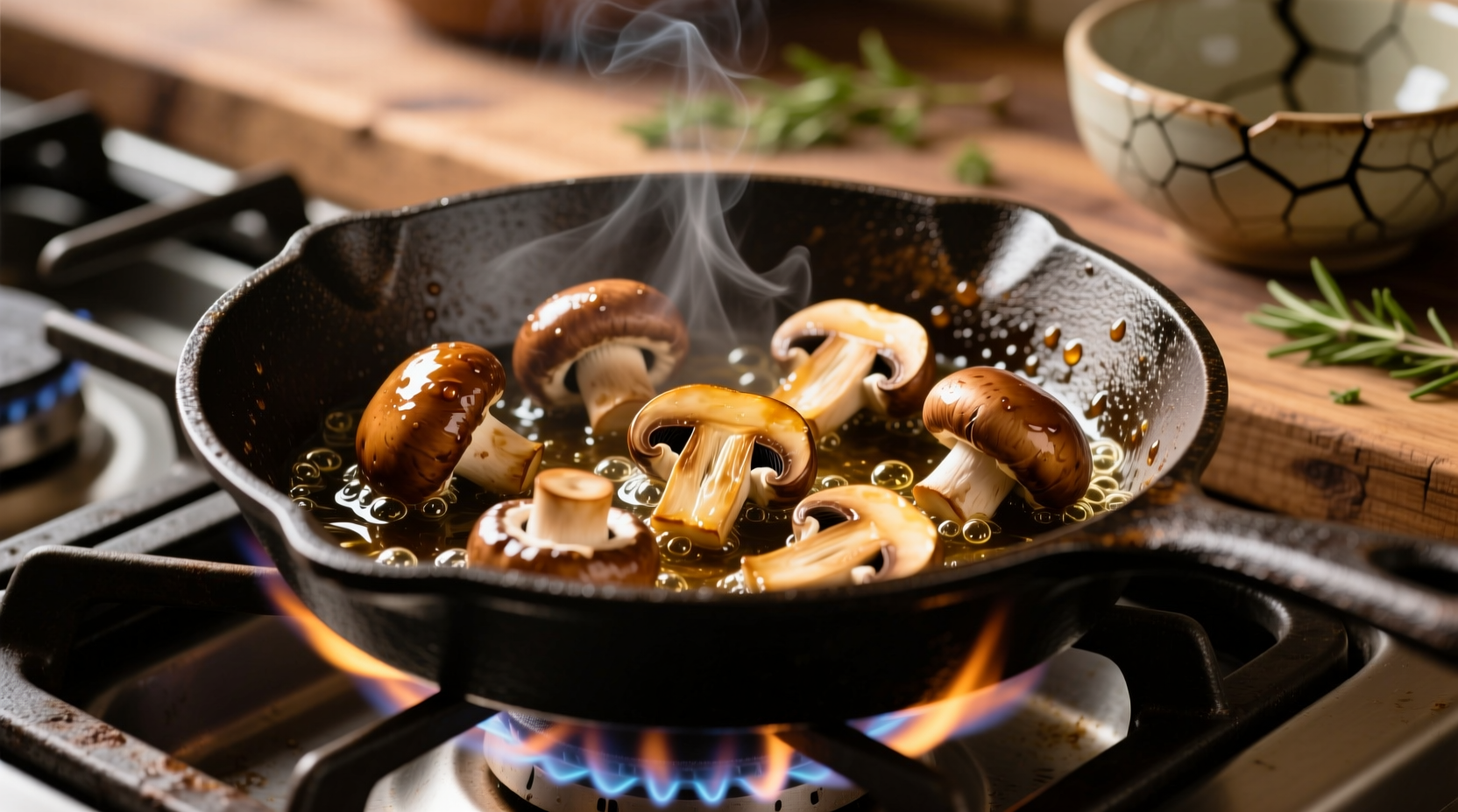 Golden brown mushrooms sizzling in cast iron skillet