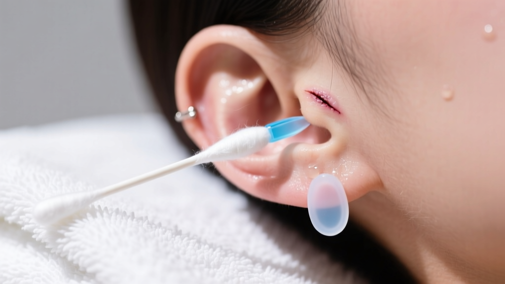 Close-up of a cotton swab applying sterile saline to a healed earlobe, with silicone earring back resting on a clean white towel