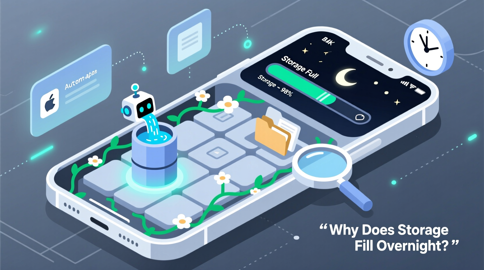 why does my phone storage fill up overnight automatic app fixes