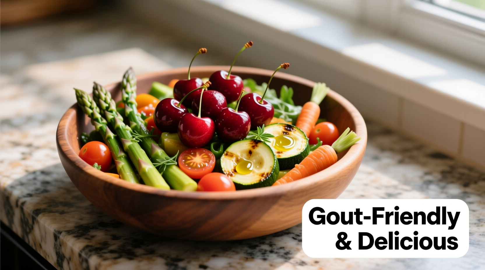 Gout-friendly meal with cherries and vegetables