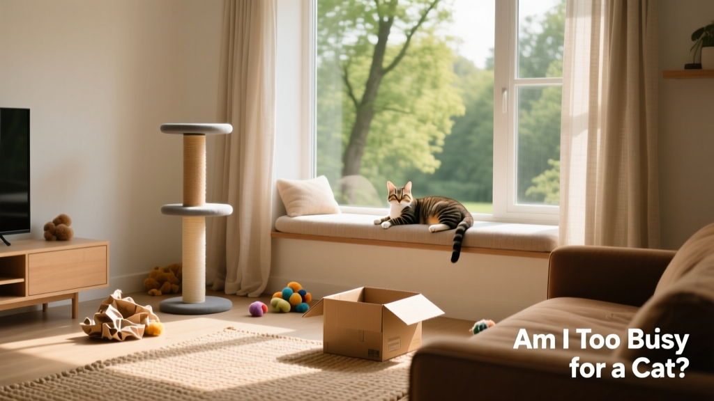 A tidy, cat-friendly living room with a scratching post, window perch, and scattered toys