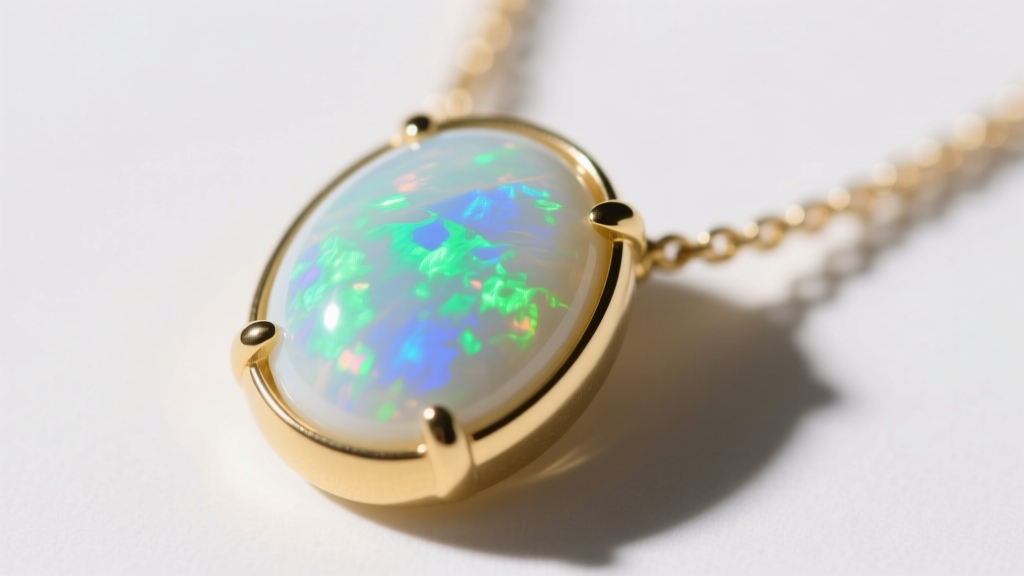 White opal cabochon necklace in matte yellow gold bezel, macro shot highlighting internal green and blue play-of-color flashes