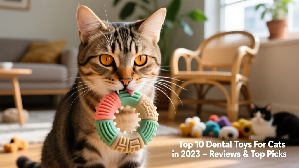 Close-up of a cat gently chewing on a textured rubber dental toy with ridges and grooves