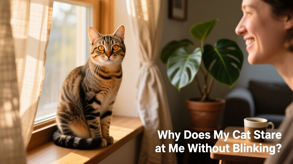 A relaxed cat sitting upright, making gentle eye contact with its human companion