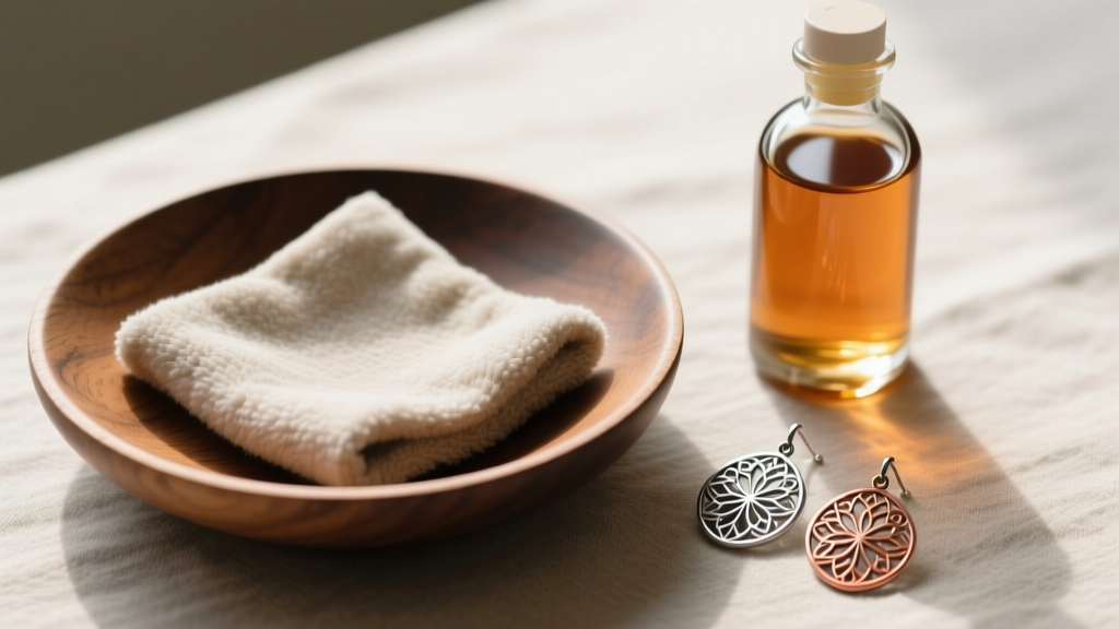 Wooden dish holding a soft microfiber cloth, tsubaki oil bottle, and delicate Japanese metalwork earrings being carefully cleaned