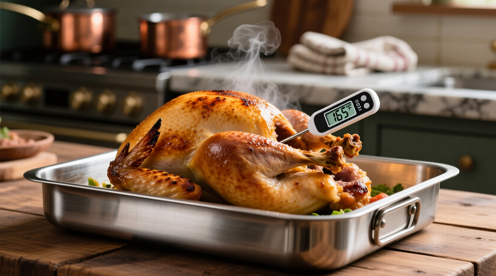 Turkey breast on roasting pan with thermometer