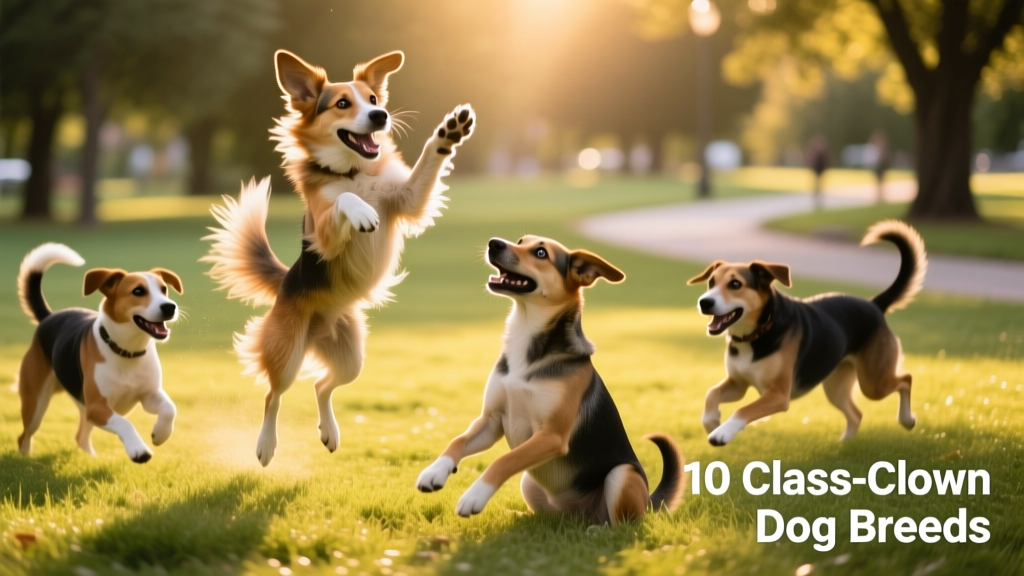 A group of mixed-breed dogs playing together in a grassy park—some chasing, one mid-air, another sitting upright with a comically tilted head