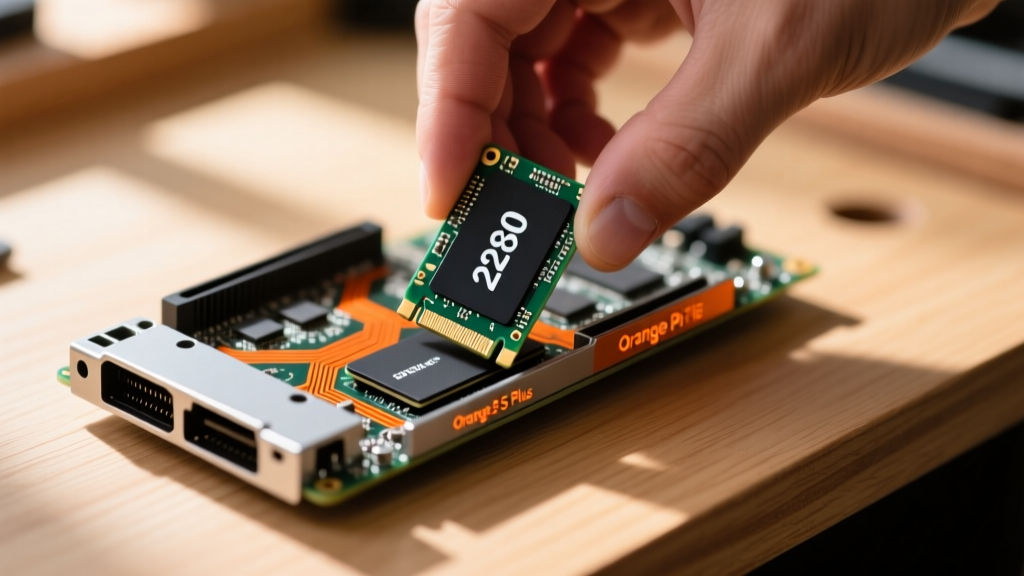 Hands installing a 2280 NVMe SSD into the M.2 slot of an Orange Pi 5 Plus single board computer on a wooden workbench