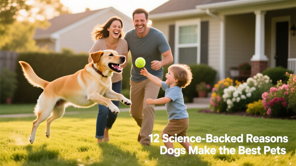A family of three laughing together while playing fetch with a happy, energetic Labrador in a grassy backyard