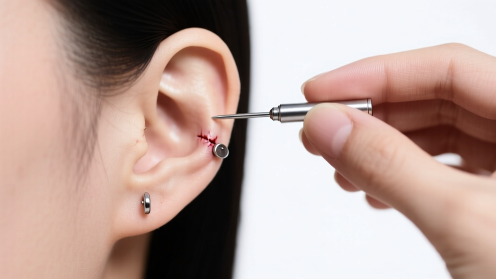 Hands holding a 16-gauge titanium taper and flat back earring near a healed cartilage piercing under bright clinical lighting.