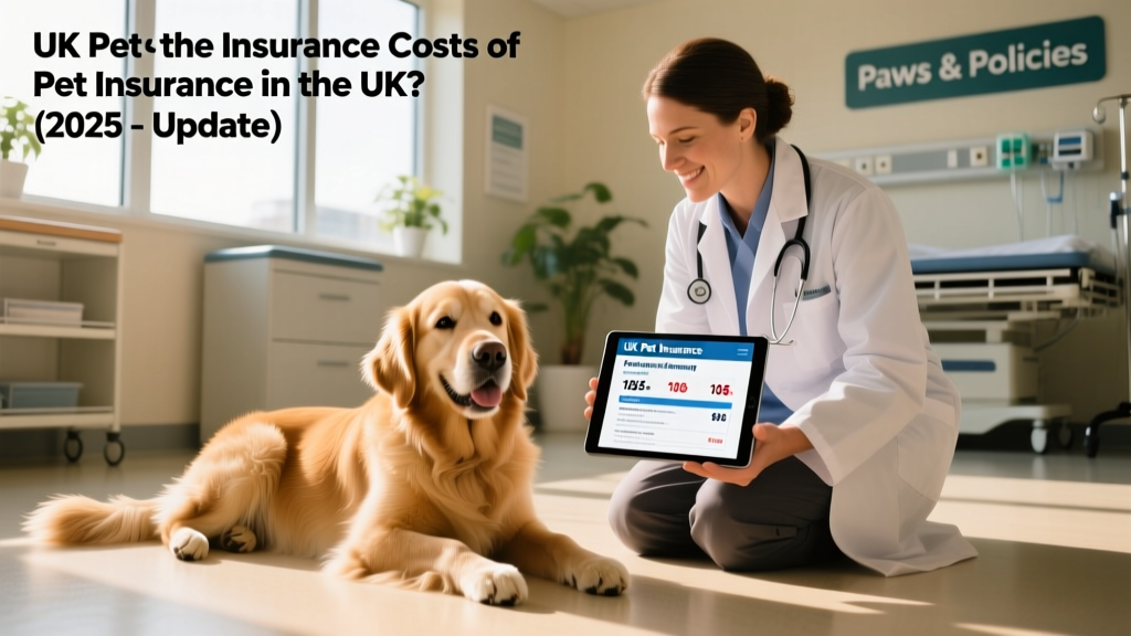 A friendly golden retriever resting beside a veterinarian holding a digital tablet showing a pet insurance policy summary
