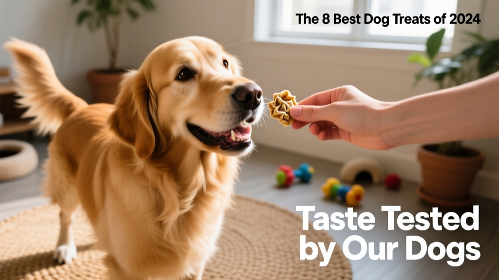 A golden retriever happily receiving a small, soft treat from a hand