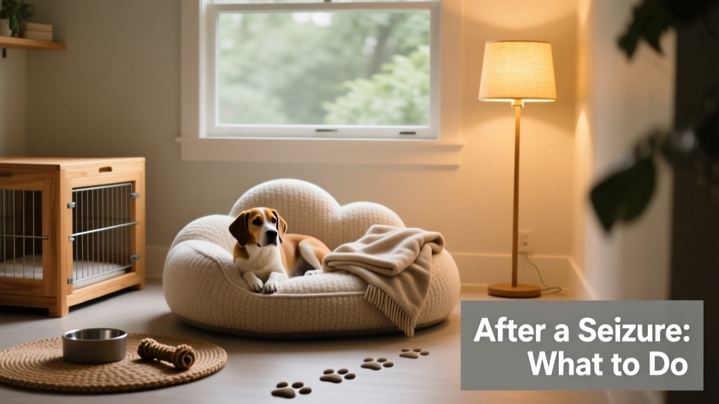 A cozy, quiet recovery space with a soft dog bed, crate, and calming lighting—ideal for post-seizure rest