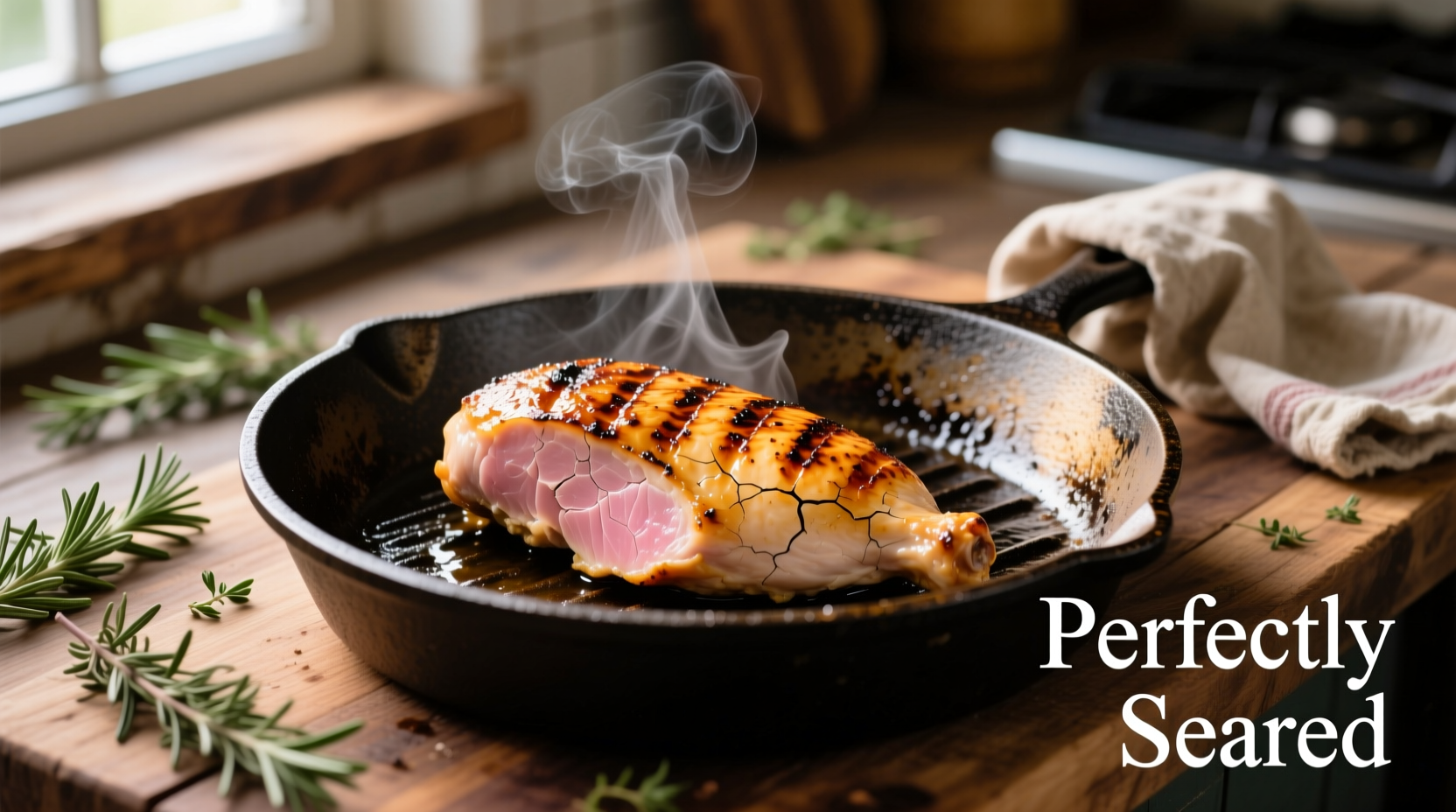 Perfectly seared chicken breast on cast iron skillet