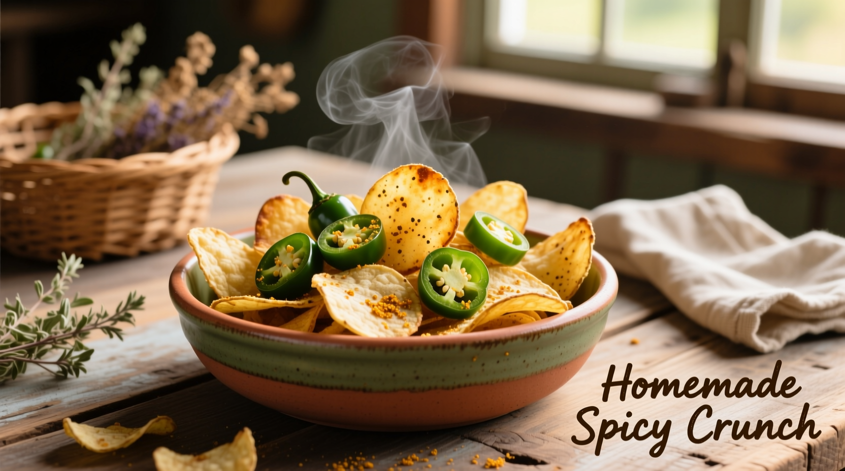 Close-up of kettle cooked jalapeno chips showing red specks