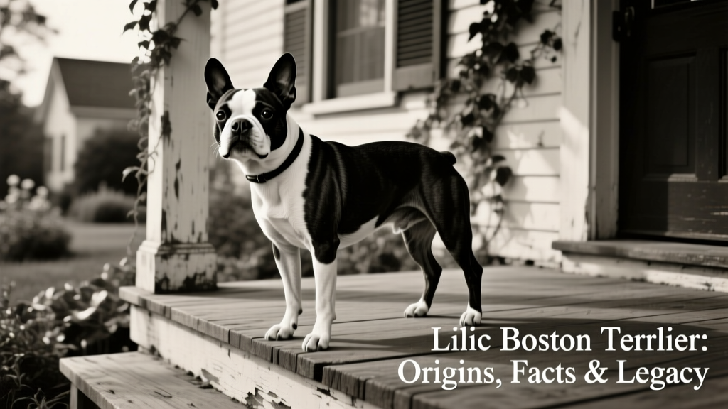 Historic black-and-white photo of an early Boston Terrier resembling 'Judge'—stocky build, white facial markings, alert expression