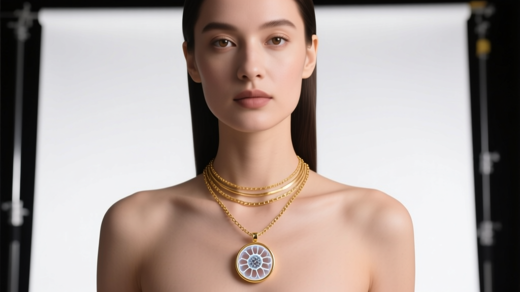 Woman wearing a layered necklace stack with a minimalist microscopic cell pendant and a 16-inch gold box chain in studio lighting.