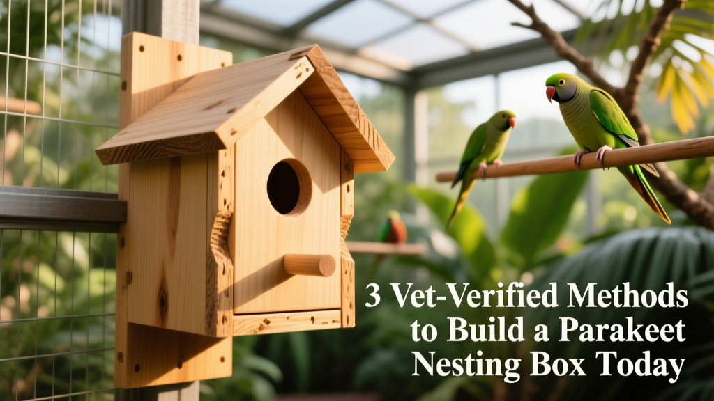 Close-up of a hand-built wooden parakeet nesting box mounted inside a spacious aviary
