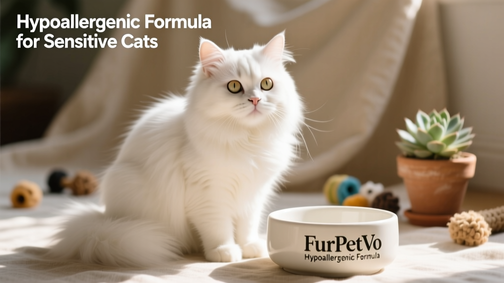 Happy cat sitting beside a bowl of FurPetVo Hypoallergenic Formula, with clean, shiny fur and relaxed posture