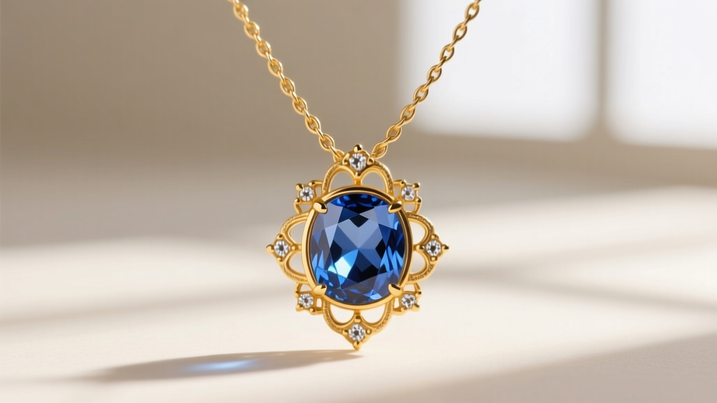 Close-up of a vintage 14k yellow gold Rebecca Collins necklace with a rose-cut sapphire pendant resting on a delicate cable chain