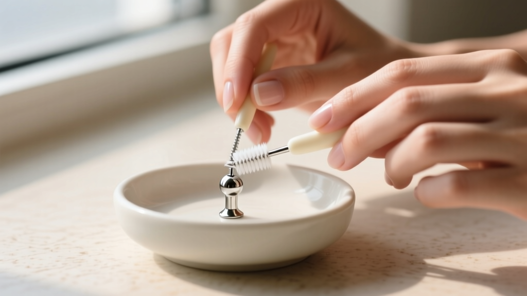 Hands using a soft interdental brush to gently clean the internal threads of a titanium labret post over a small ceramic bowl.