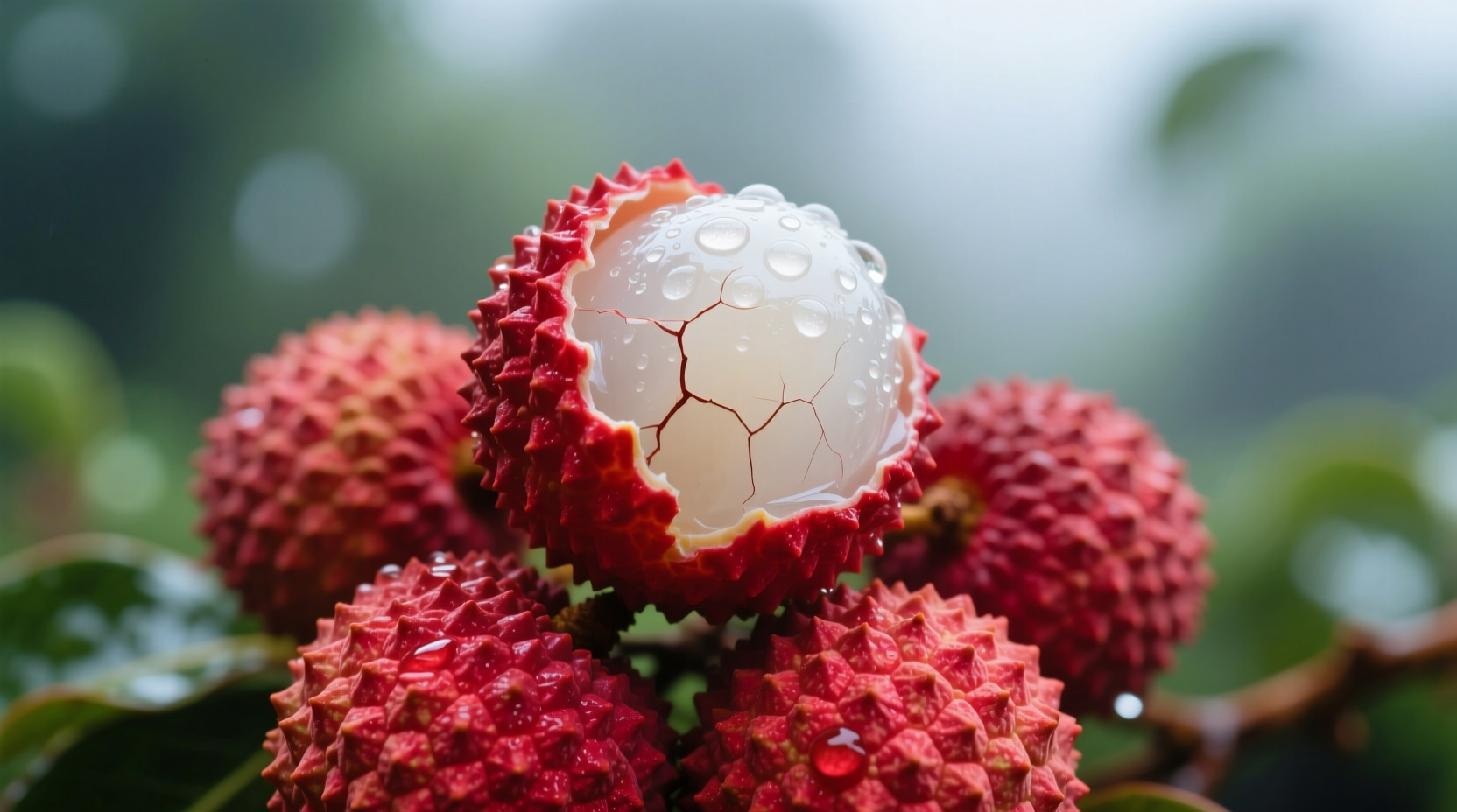 Fresh lychee fruits with red bumpy skin and white translucent flesh