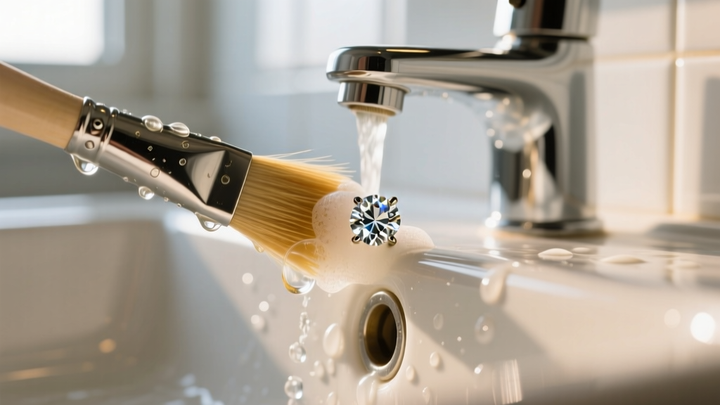 Soft brush cleaning the threaded backing of a diamond stud under warm water and mild soap in a brightly lit bathroom sink.