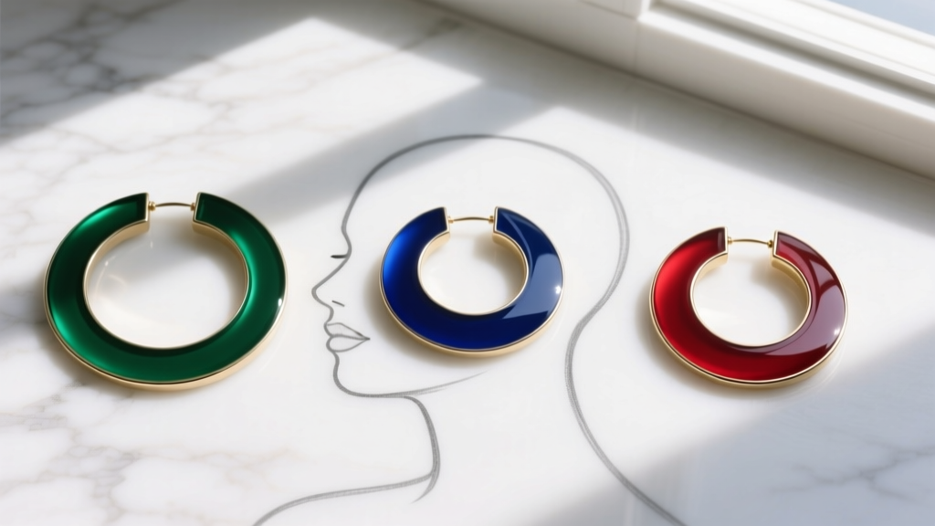 Flat lay showing three large circle earring diameters next to face shape outlines on a minimalist marble surface, top-down view.