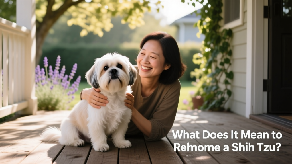 A gentle Shih Tzu sitting calmly beside a smiling person, conveying trust and connection