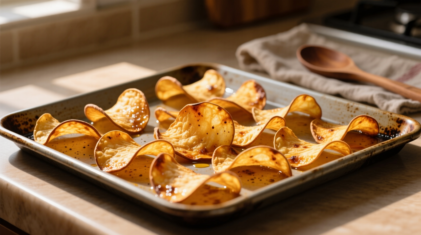 Perfectly golden sweet potato chips on baking sheet