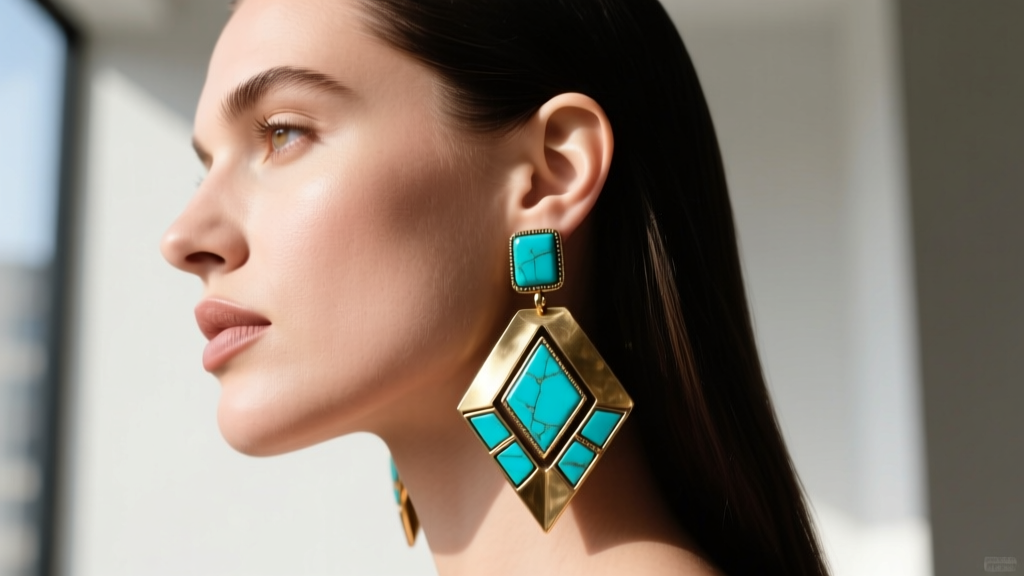 Side profile of a woman wearing heavy solid brass and turquoise big statement earrings highlighting downward pull on the earlobe.