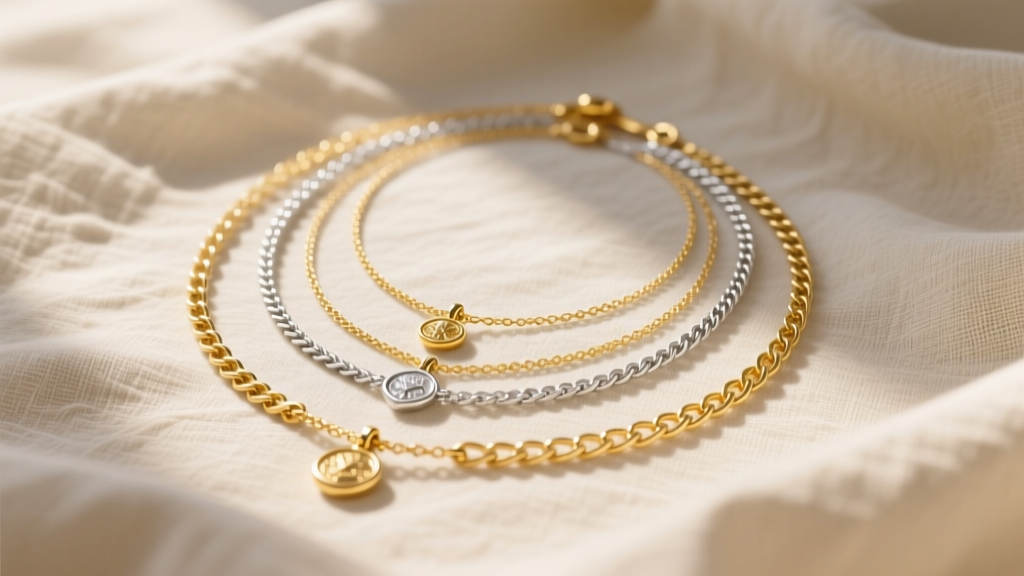 Elegant flat lay of mixed 14k yellow gold and sterling silver layered necklaces resting on textured cream linen in soft light