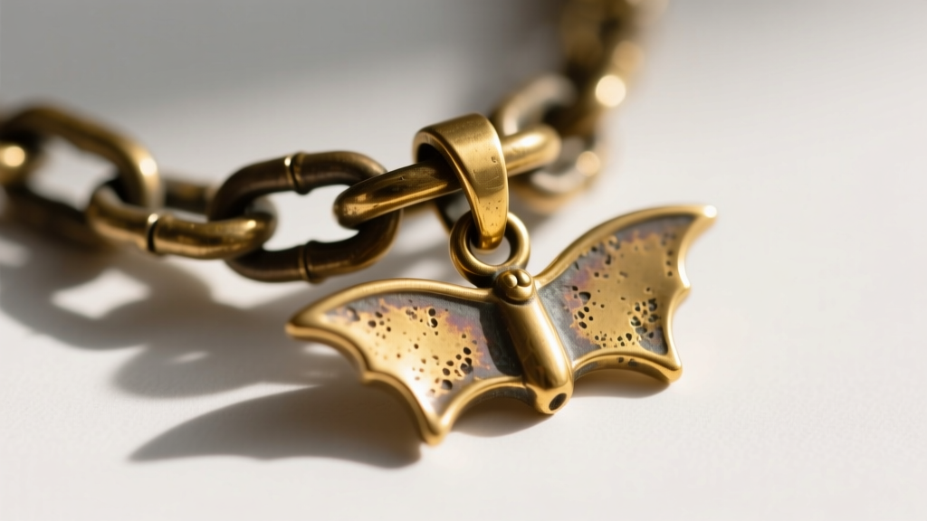 Macro shot of a rolo chain on a brass bat pendant, showing slight porosity and worn gold plating near the small lobster clasp.