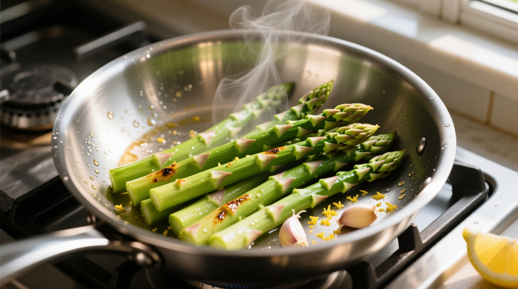 Fresh asparagus cooking in stainless steel skillet
