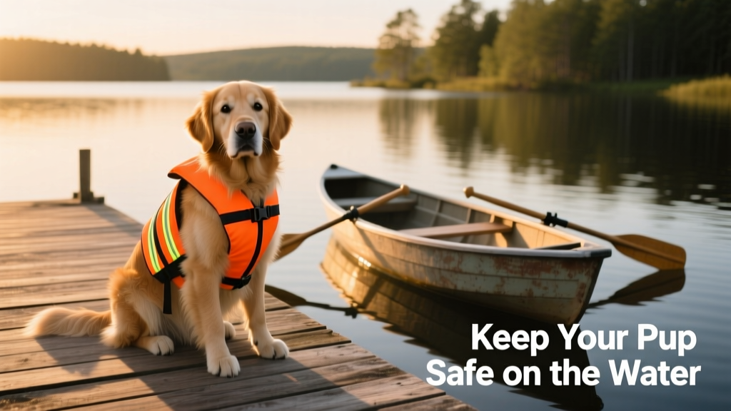 Dog calmly sitting on a dock beside a small boat, wearing a bright life vest