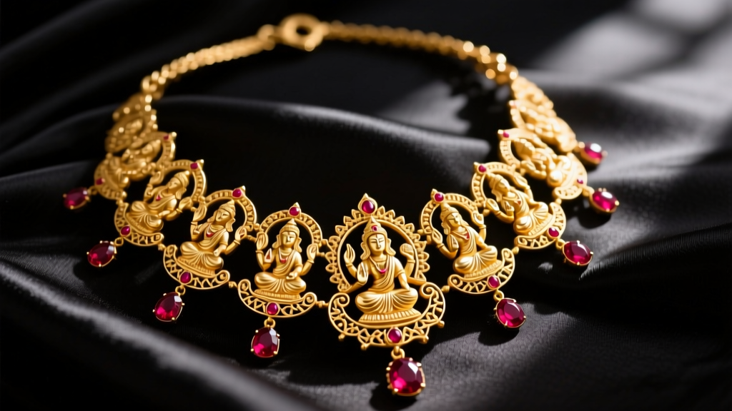 Close-up of a 22k gold Indian temple necklace with intricate Lakshmi motifs and ruby cabochons, resting on dark silk fabric.