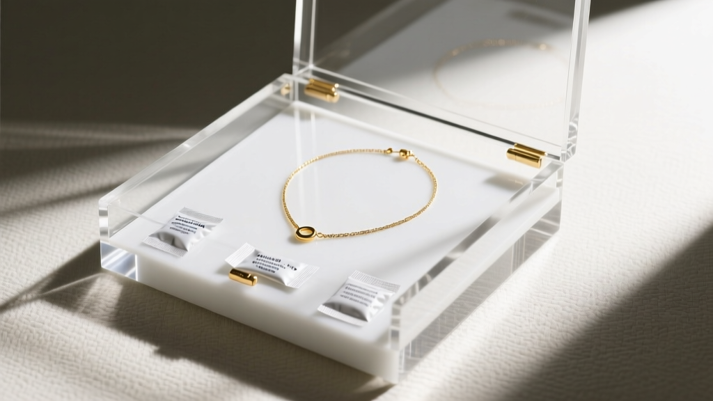 Small white acrylic jewelry display case containing a gold necklace, silica gel packets, and anti-tarnish strips on the base.