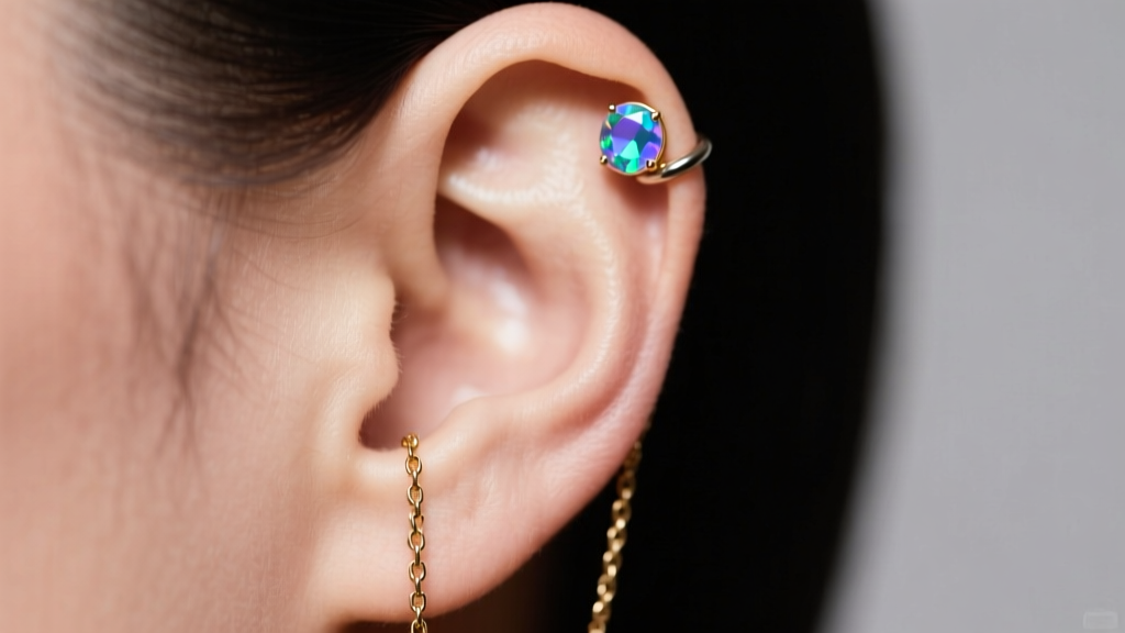 Side view of an ear with a 16-gauge rook piercing featuring a small opal gemstone and a gold chain connecting down to the lobe.