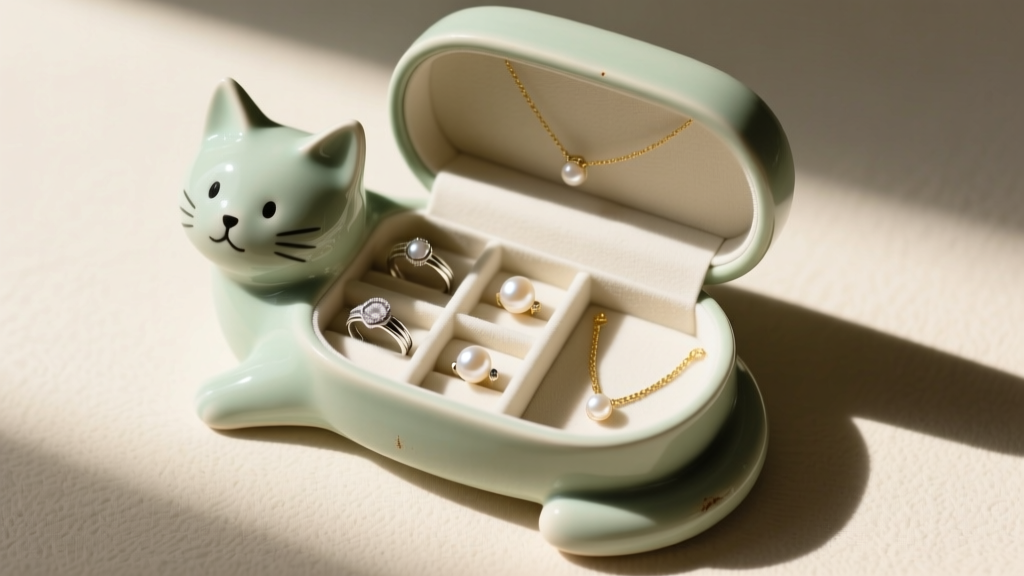 Overhead view of an open ceramic cat jewelry organizer holding silver rings, pearl studs, and a delicate gold chain necklace.